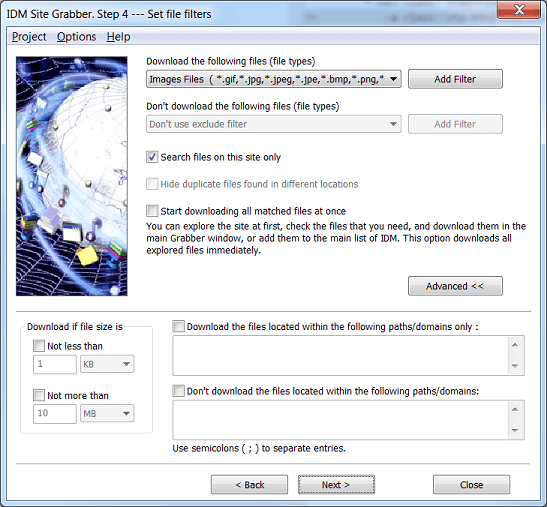 Step 4 of Internet Download Manager Grabber wizard: Set file filters